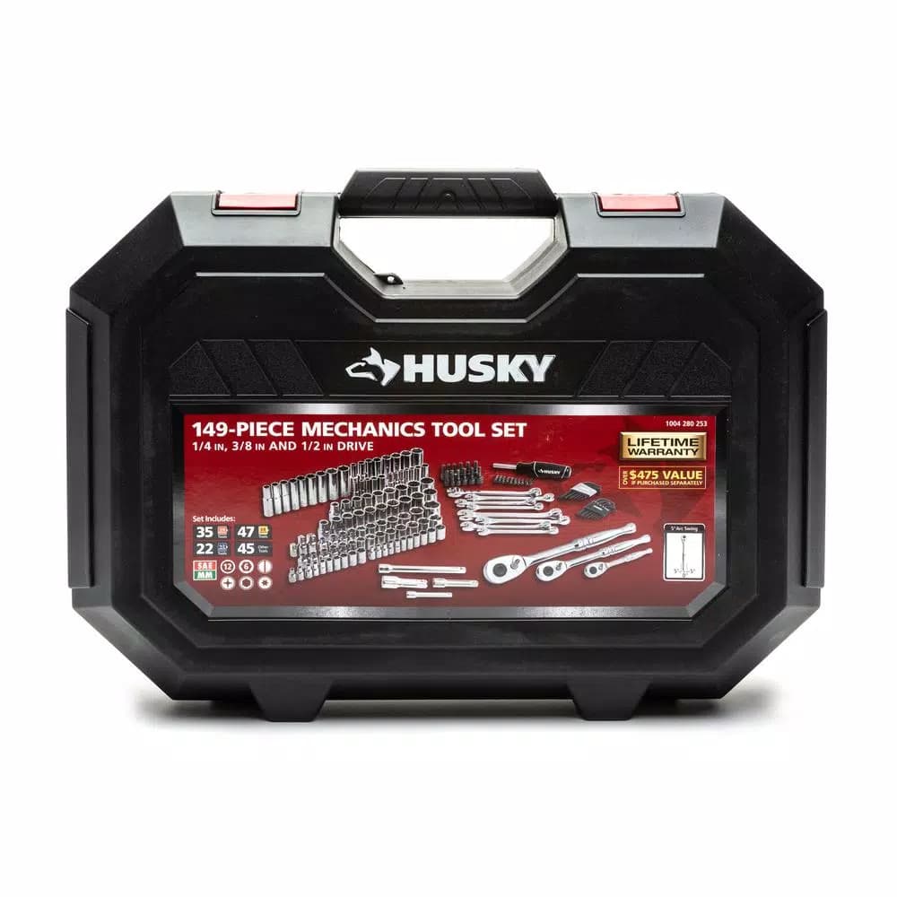 Husky 149-Piece Mechanics Tool Set with 1/4 in., 3/8 in., and 1/2 in. Drive Ratchets and Sockets