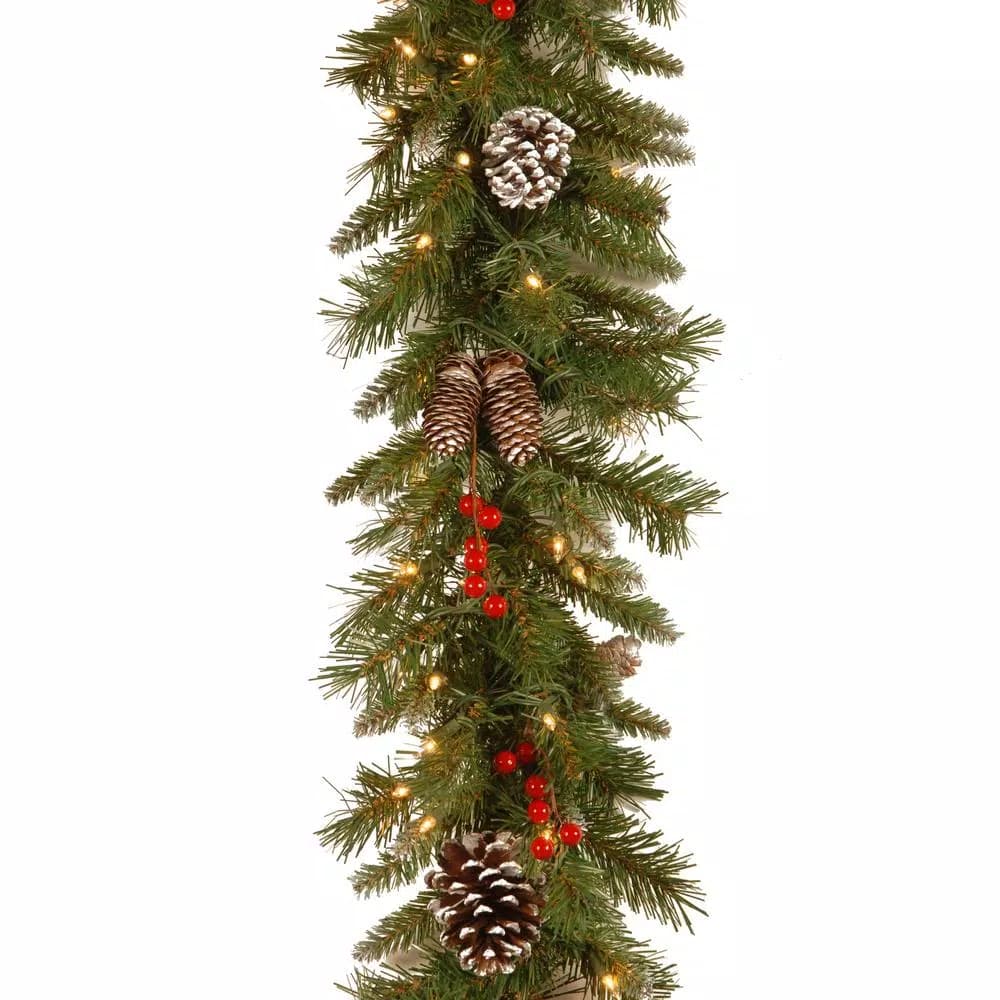 Unbranded 9 ft. Frosted Berry Garland with 100 Clear Lights, Pine Cones and Red Berries