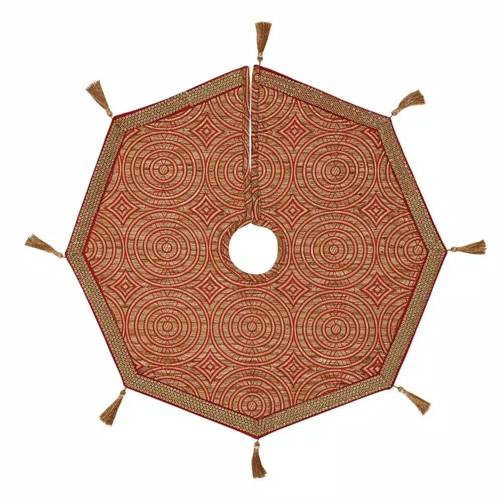VHC Brands Soleil 21 in. Candy Apple Red & Bronze Jacquard Christmas Mini Tree Skirt with Gold Tassels