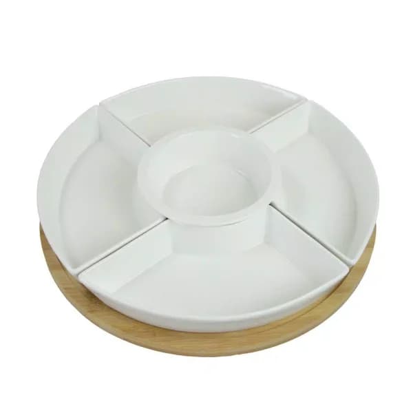Elama Signature Collection Stoneware Appetizer and Condiment Server Set with Bamboo Lazy Susan Tray