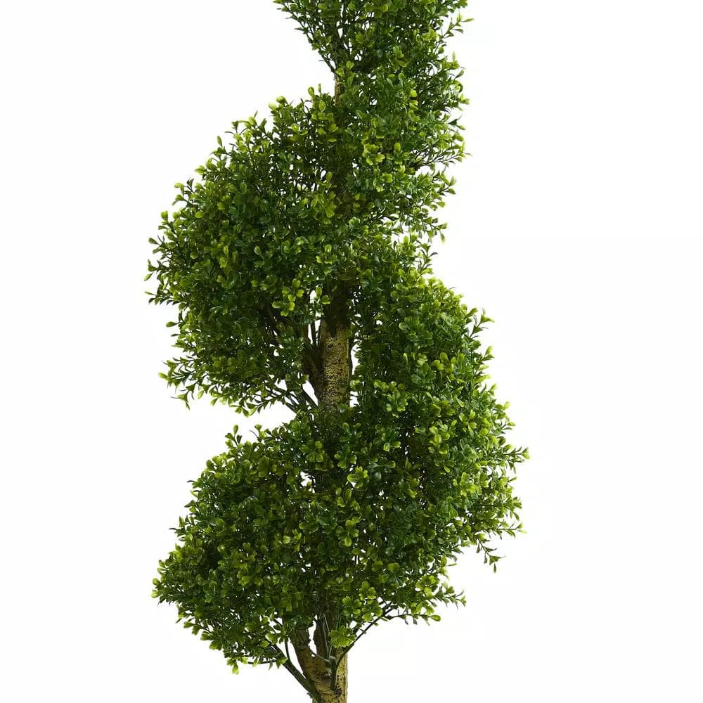 Nearly Natural 5 ft. Artificial Boxwood Spiral Topiary Tree in Slate Planter with River Rocks