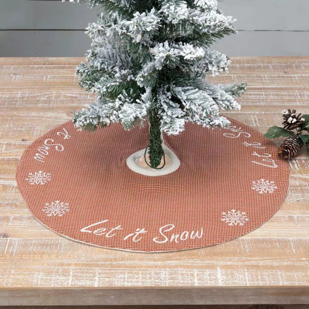 VHC Brands 21 in. Let It Snow Apple Red & Almond Farmhouse Christmas Mini Tree Skirt