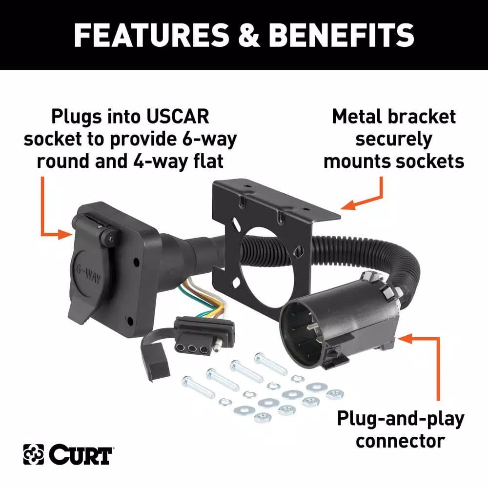 CURT Dual-Output 6-Way Round and 4-Way Flat Trailer Wiring Adapter for USCAR Connectors