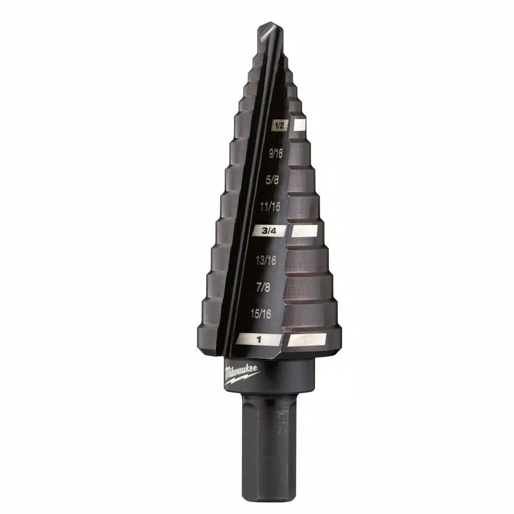 Milwaukee #8 Step Drill Bit, 1/2 in. - 1 in. x 1/16 in. Increment, Black Oxide Coating