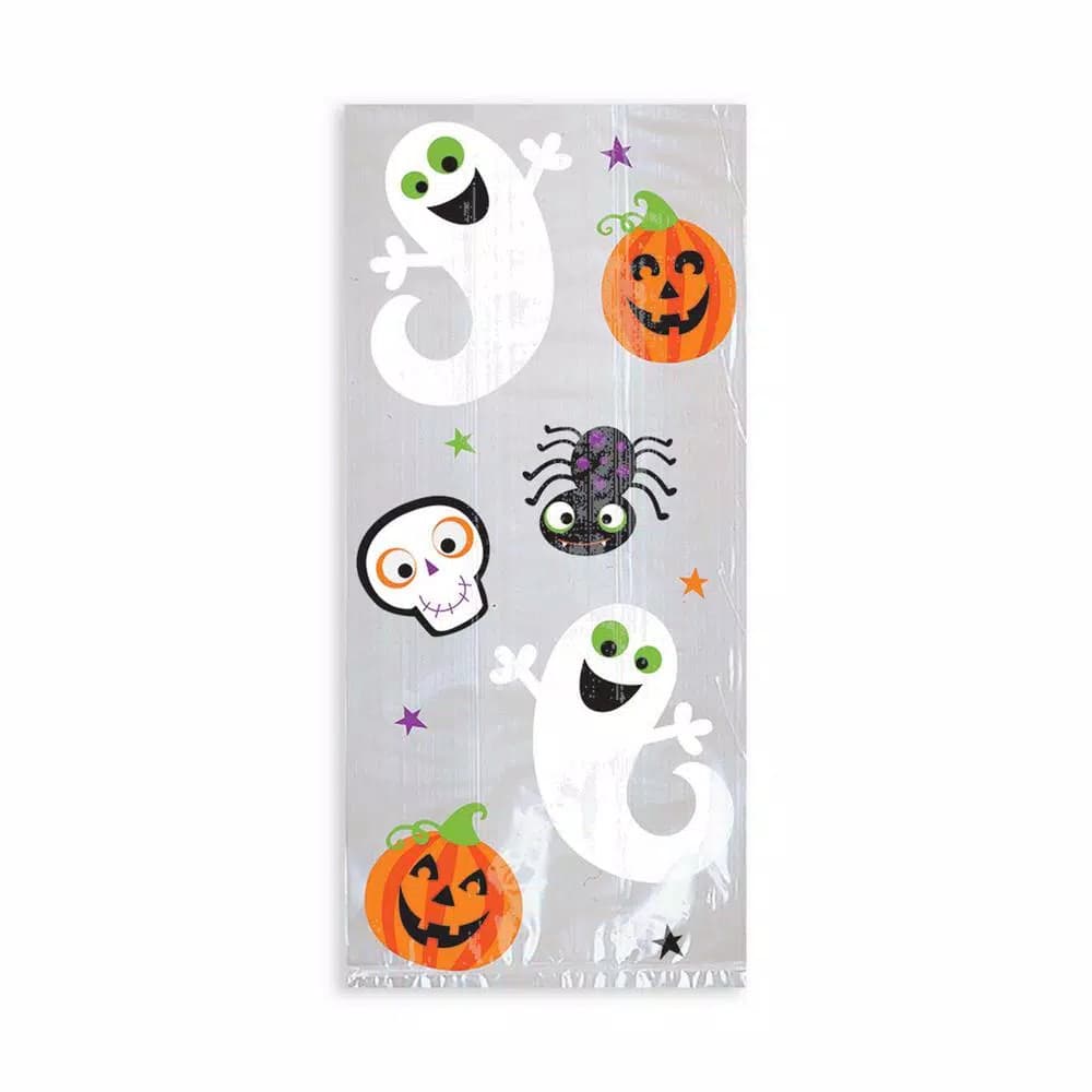 Amscan Halloween Cello Bags with Ghost, Pumpkin, Spider & Skull Prints, 11.5 x 5 x 3.25 in, 100-Count (5-Pack)