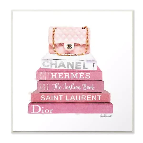 Stupell Industries Pink Book Stack Fashion Handbag 12x12 Printed Wood Wall Art