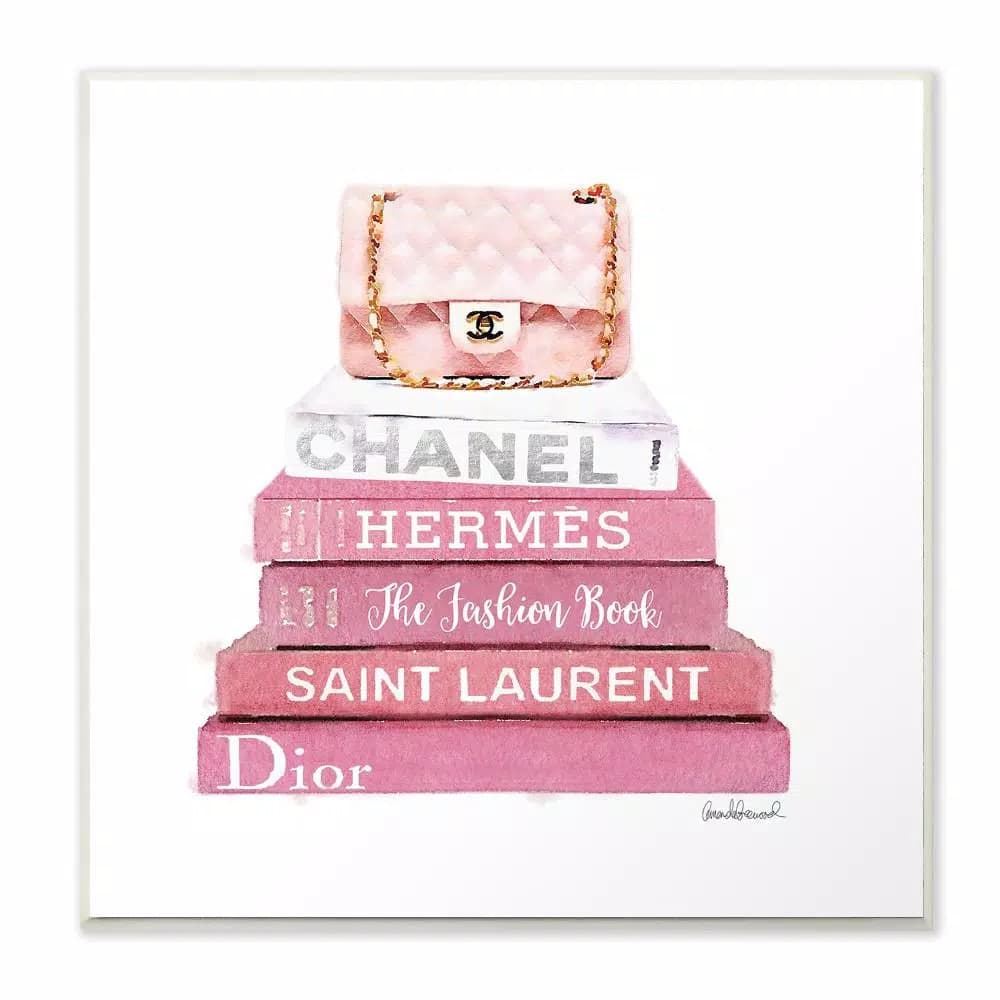 Stupell Industries Pink Book Stack Fashion Handbag 12x12 Printed Wood Wall Art