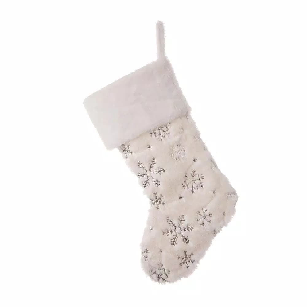 Glitzhome 21 in. White Plush Velvet Christmas Stocking Set with Snowflake Embroidery (2-Pack)