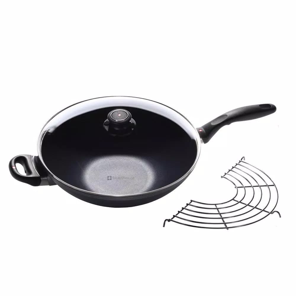 Swiss Diamond 4.9 Qt. Nonstick Wok with Lid and 11.8 in. Tempura Rack