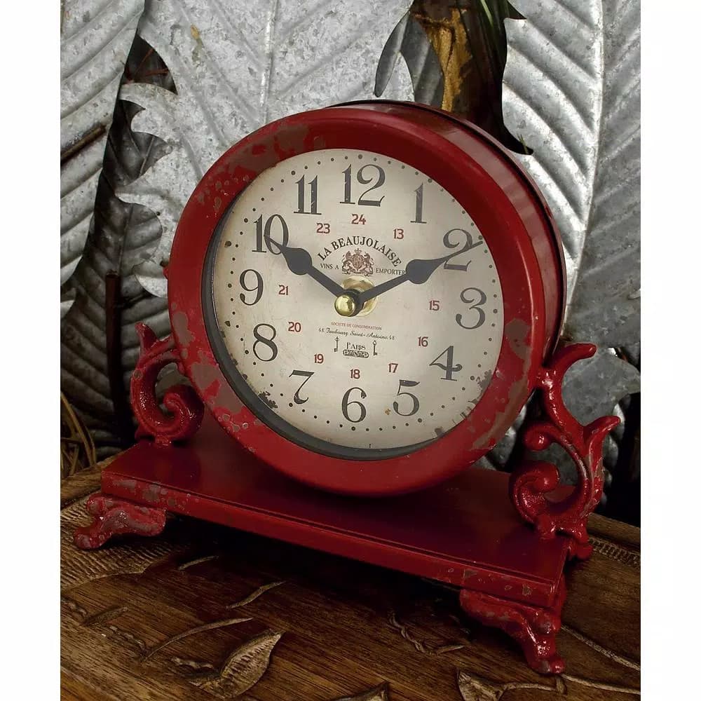 LITTON LANE 7 in. Burgundy Red and Mint Green Round Table Clocks with Scrollwork Base, Set of 2