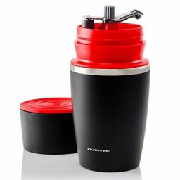Ovente 2-in-1 Single Serve Coffee Grinder and French Press Maker with Insulated Cup, Red thumbnail 1
