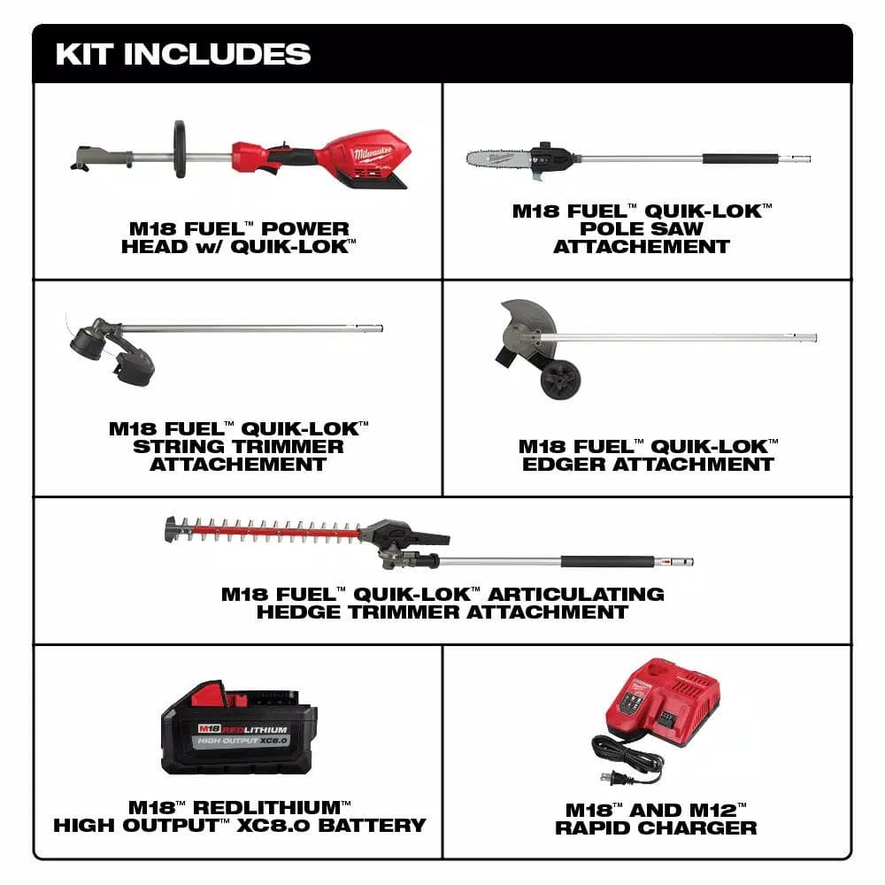 Milwaukee M18 FUEL 18V Cordless Brushless String Trimmer Combo Kit with QUIK-LOK Pole Saw, Hedge Trimmer & Edger