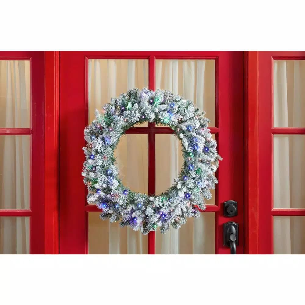 Home Accents Holiday Home Holiday Accents 30 in. Flocked Pine LED Prelit Wreath with 50 Warm White Lights and Timer