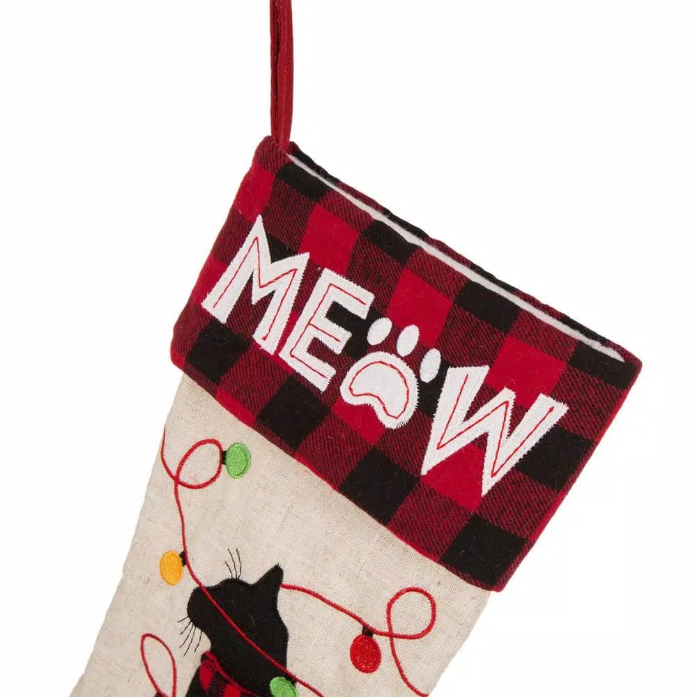 Glitzhome 21 in. LED Embroidered Linen Christmas Stocking - Cat Design