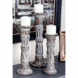 LITTON LANE Rustic Brown Carved Mango Wood Candle Holder Set of 3 with Tribal Engraved Patterns thumbnail 1