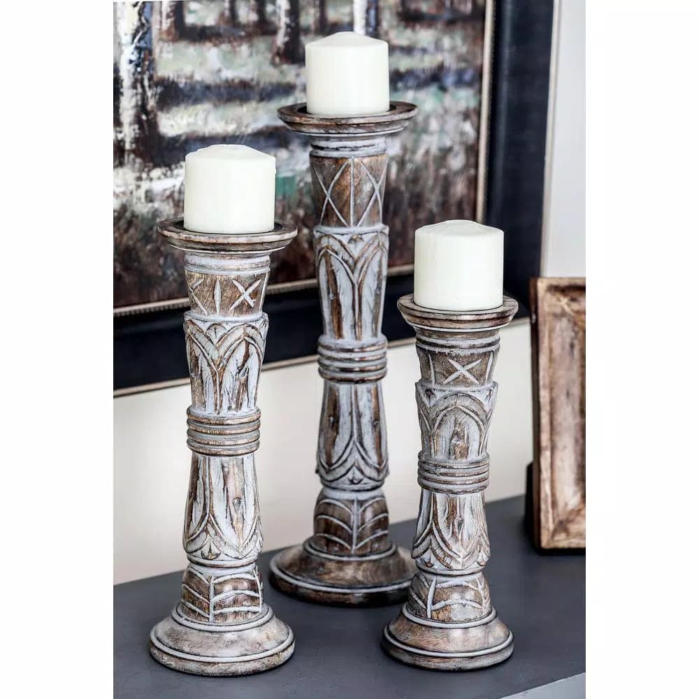 LITTON LANE Rustic Brown Carved Mango Wood Candle Holder Set of 3 with Tribal Engraved Patterns