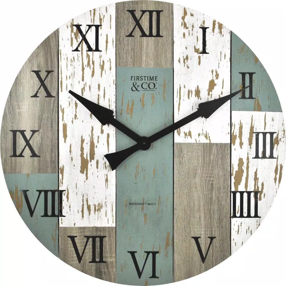 FirsTime 27 in. Timberworks Oversized Wall Clock - Rustic Distressed Wood & Teal