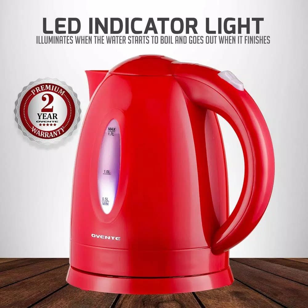 Ovente KP72R 1.7L Electric Kettle, 1100W Fast Boiling Water Kettle with Auto Shut-Off, Red