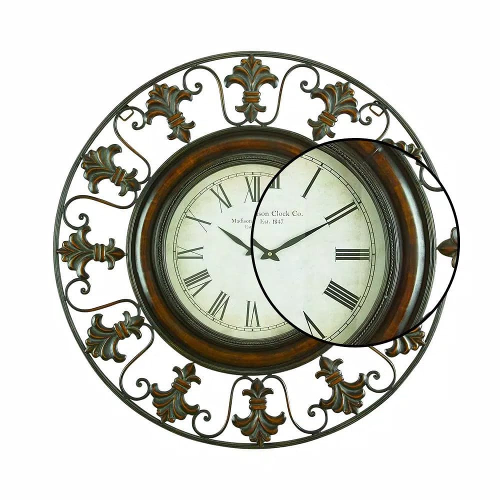 LITTON LANE 38 in. Traditional Fleur-De-Lis Iron Wall Clock - Distressed Bronze Finish