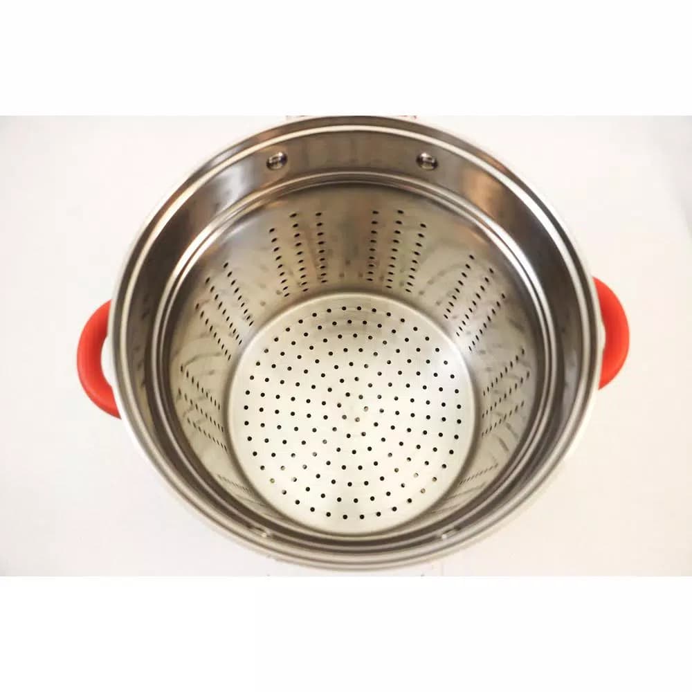 ExcelSteel 8 Qt. Stainless Steel Multi-Cooker Pasta Pot Set with Steamer Insert and Red Silicone Handles