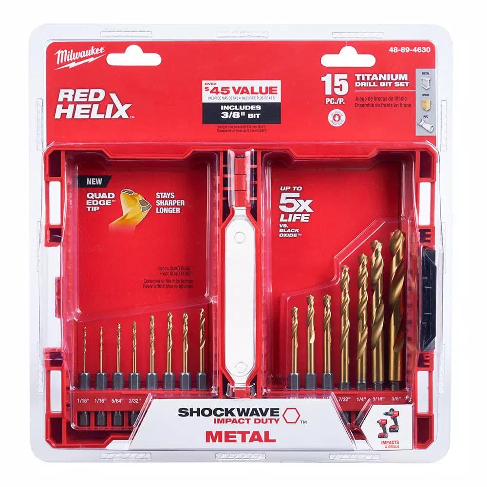 Milwaukee SHOCKWAVE Impact Duty Titanium Drill Bit Set, 15-Piece Red Helix