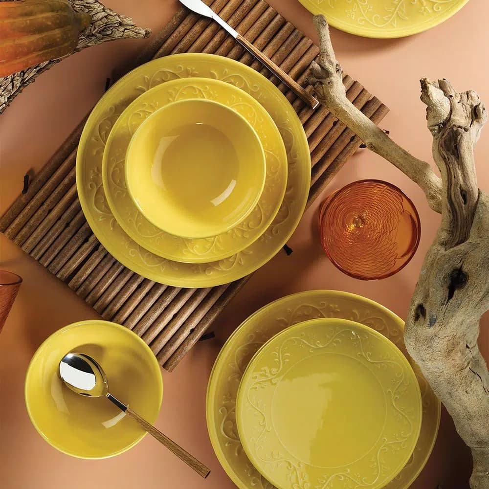 Unbranded Kutahya Ivy Collection 16-Piece Yellow Embossed Earthenware Dinnerware Set, Service for 4