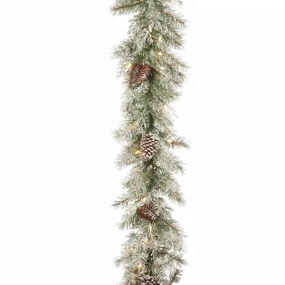 National Tree Company 9 ft. Feel Real Frosted Mountain Spruce Garland with Pinecones and 50 Clear Lights