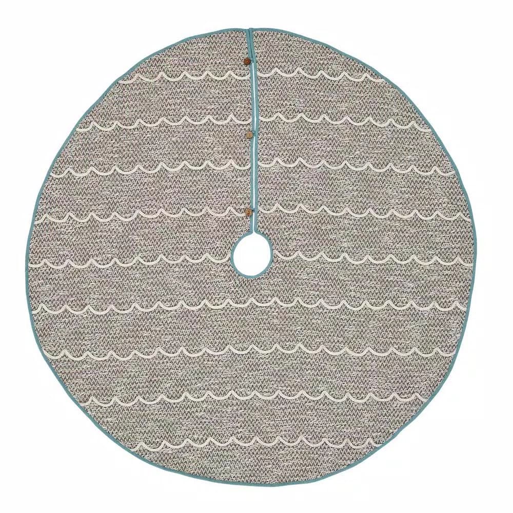 VHC Brands Sanbourne 60 in. Creme White Coastal Christmas Tree Skirt with Turquoise Trim