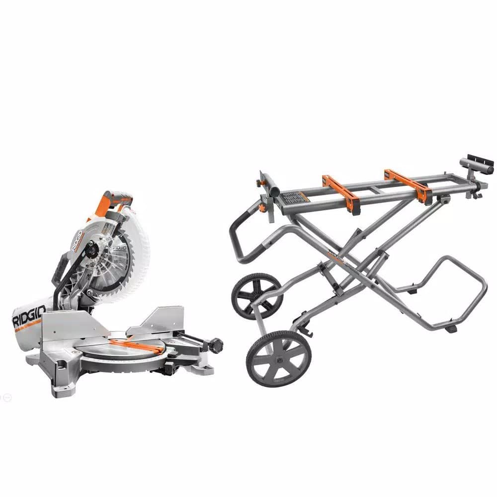 RIDGID 10 in. 15 Amp Dual Bevel Miter Saw with LED Cut Line & Universal Mobile Stand Combo