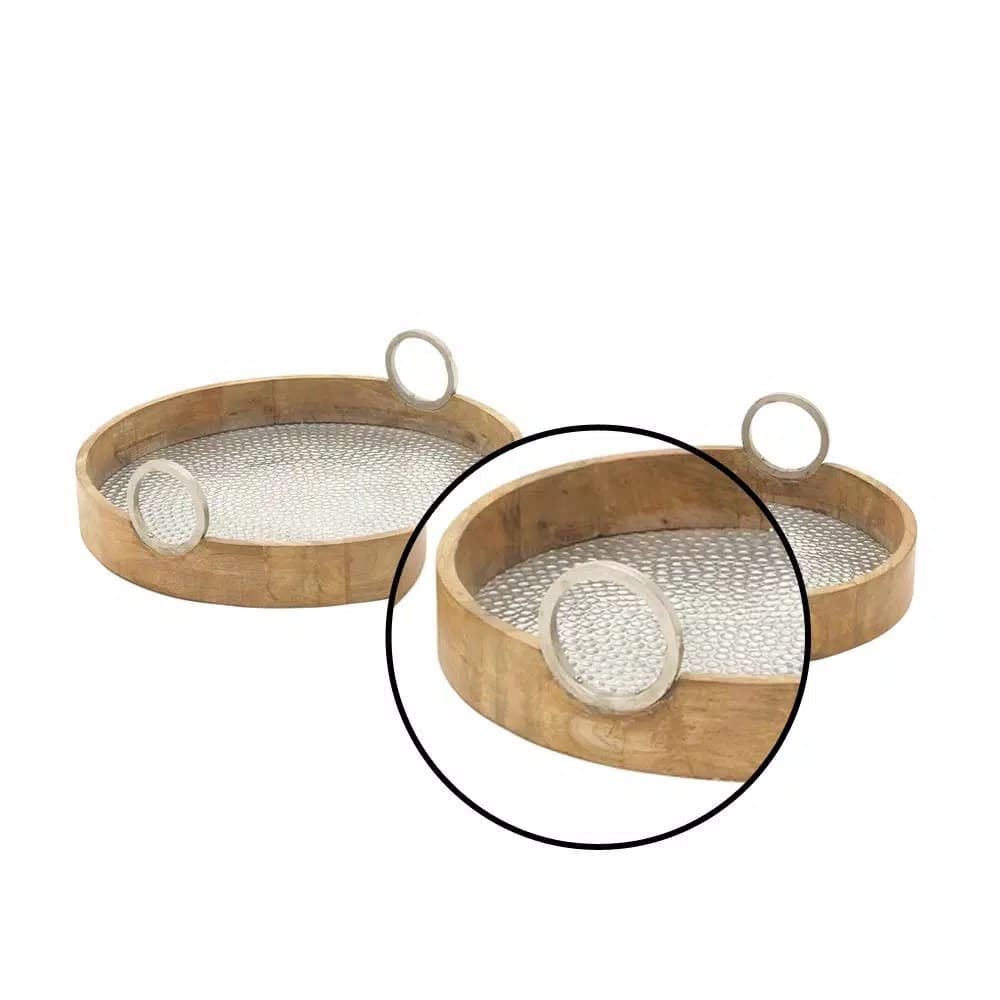 LITTON LANE Rustic Mango Wood and Hammered Aluminum Round Serving Tray Set of 2