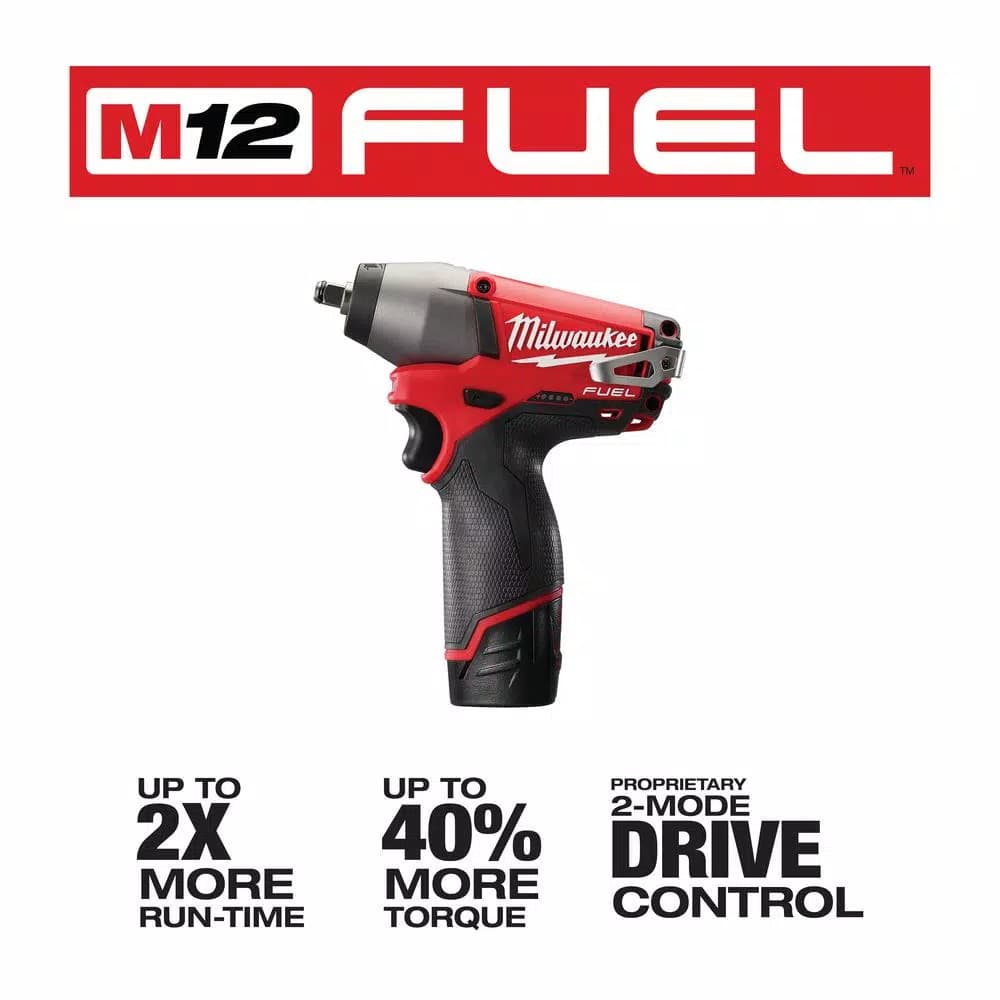 Milwaukee M12 FUEL 3/8 in. Brushless Cordless Impact Wrench Kit with Two 2.0 Ah Batteries and Charger