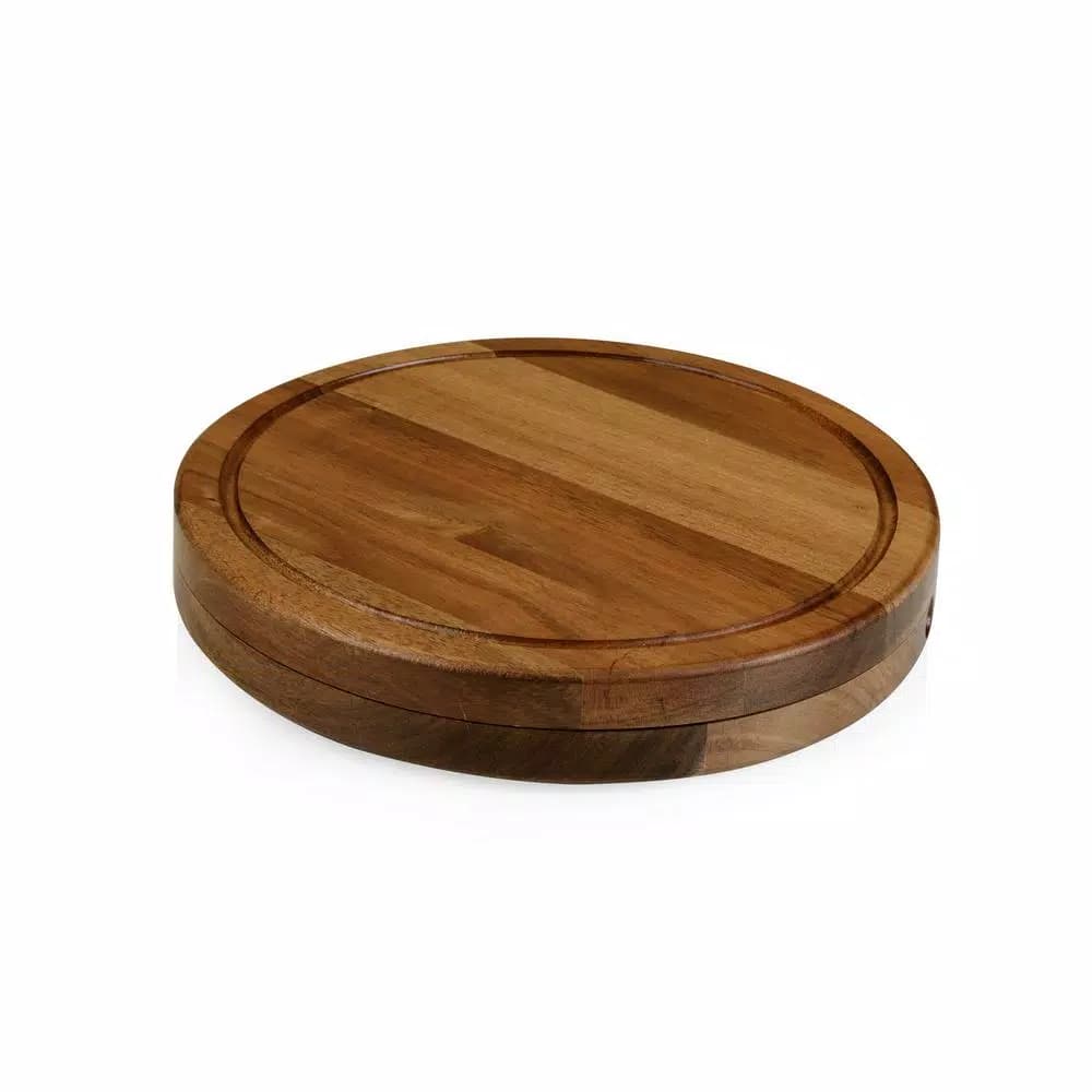 TOSCANA Acacia Circo Round Cheese Board and 4-Piece Stainless Steel Tool Set