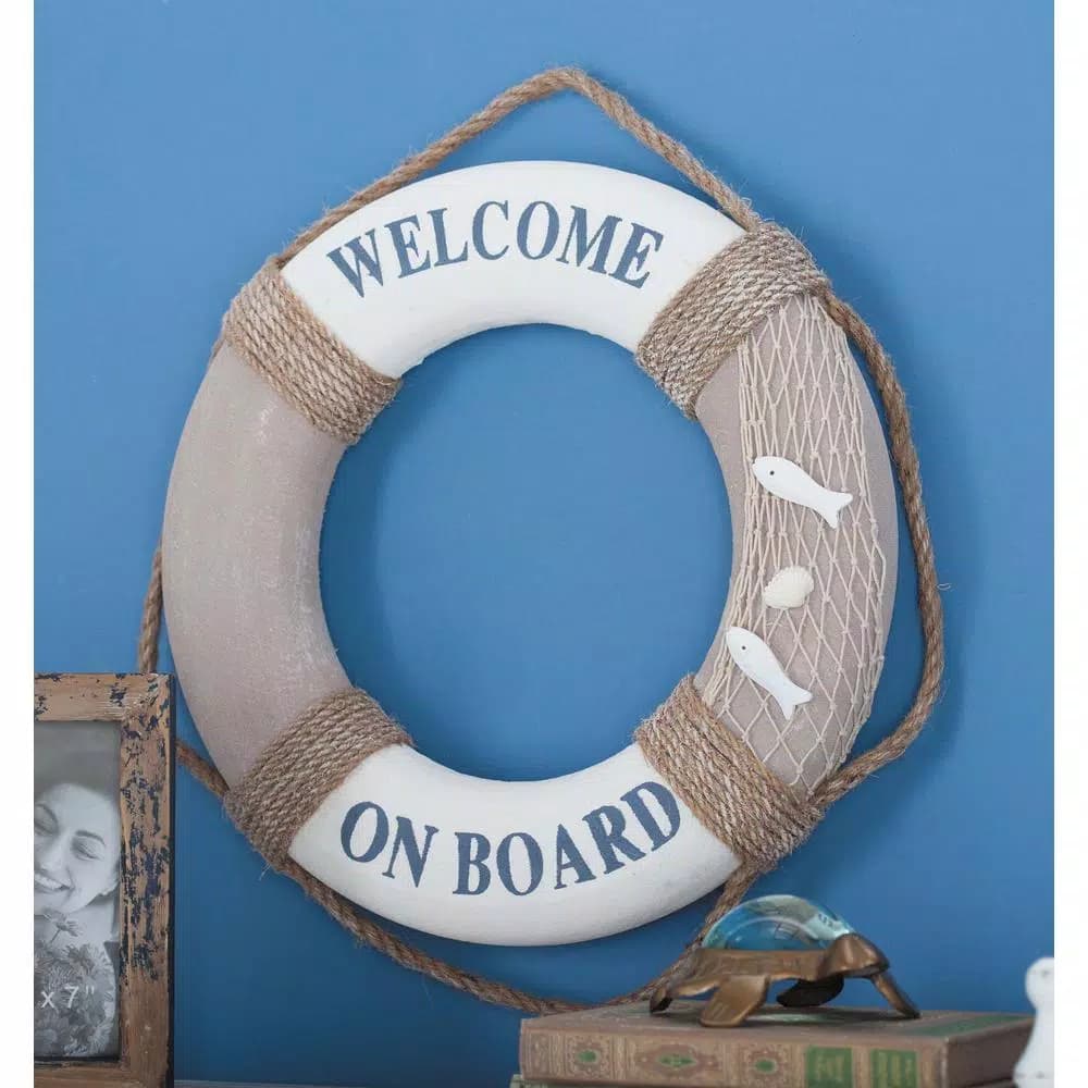 LITTON LANE 16 in. Coastal Living Decorative Life Ring Wall Decor - White & Brown Nautical Lifebuoy with Rope Hanger
