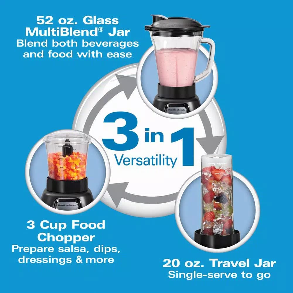 Hamilton Beach MultiBlend 950W 6-Speed Blender System with 52 oz. Glass Jar, Food Chopper, and Travel Jar