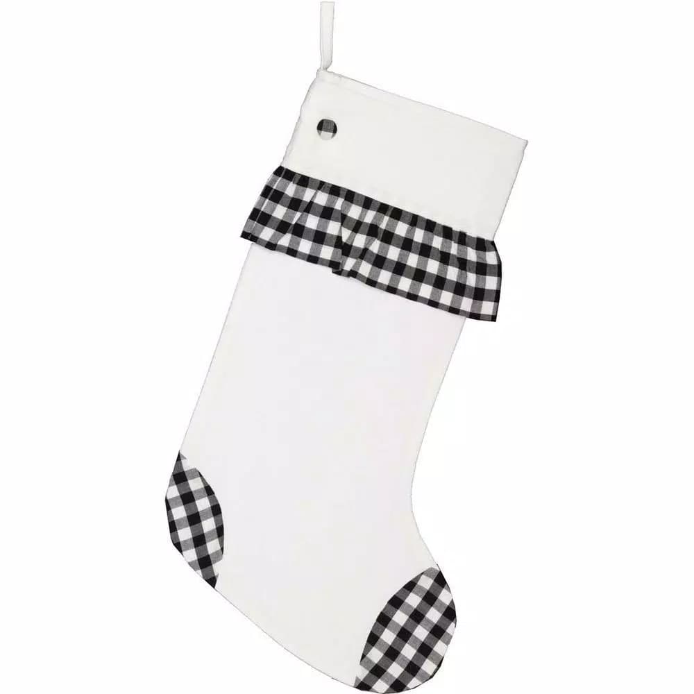 VHC Brands 20 in. Emmie Farmhouse Christmas Decor Black and White Check Ruffle Stocking