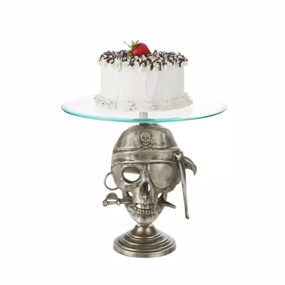 Mind Reader The Mind Reader 12 in. Silver Iron Pirate Head Cake Stand with Glass Top