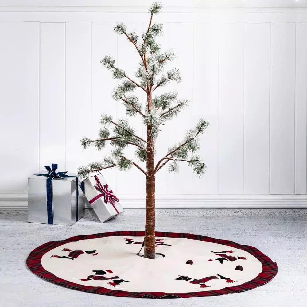Glitzhome 48 in. Dachshund Embroidered Fabric Christmas Tree Skirt with Red Plaid Edge