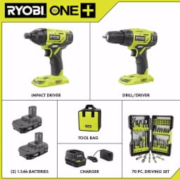 RYOBI 18V ONE+ Cordless 2-Tool Combo Kit with (2) 1.5Ah Batteries, Charger, Bag & 70-Piece Impact Rated Driving Kit thumbnail 2
