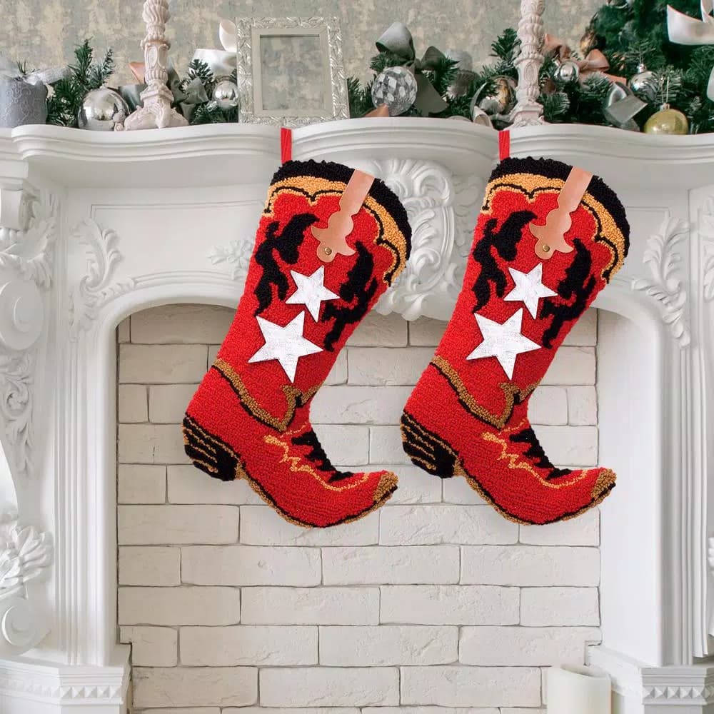 Glitzhome Red Boot Hooked Polyester Christmas Stockings, 19.69 in. (2-Pack)