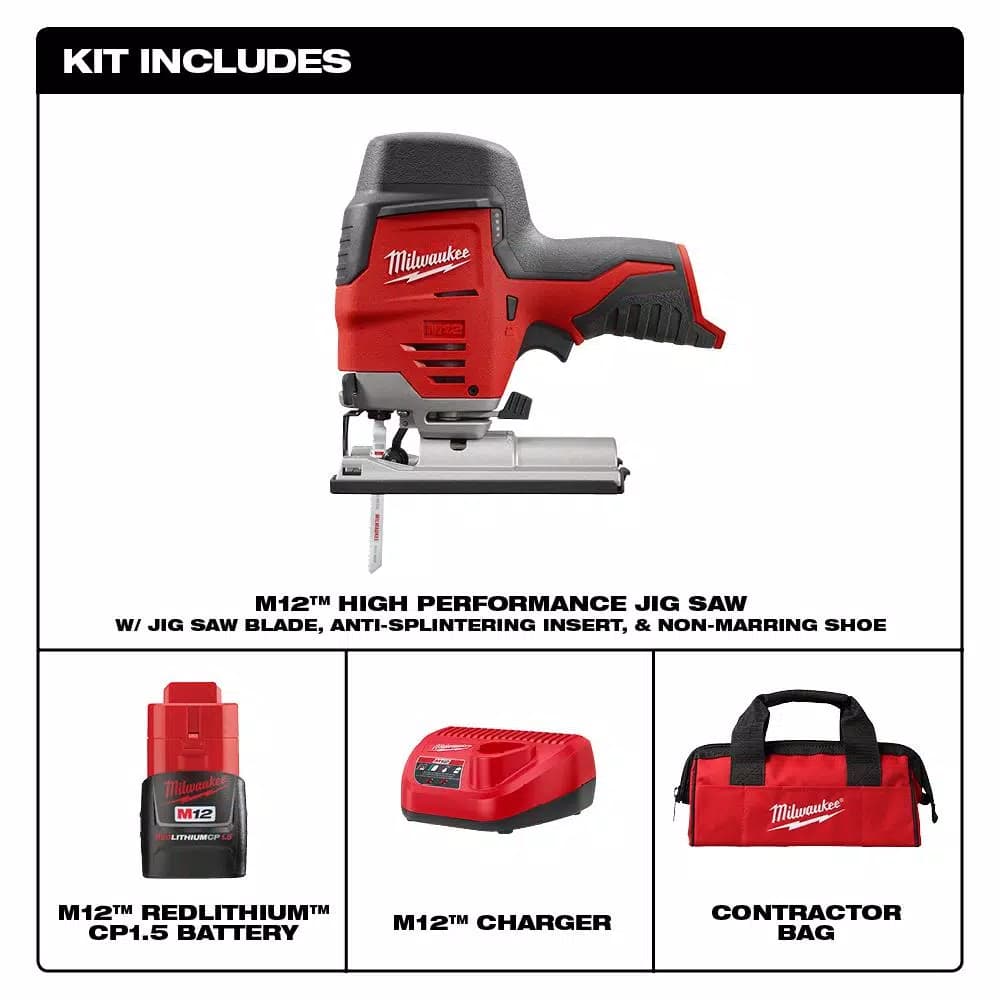 Milwaukee M12 12V Lithium-Ion Cordless Jig Saw Kit with 1.5 Ah Battery, Charger, and Tool Bag