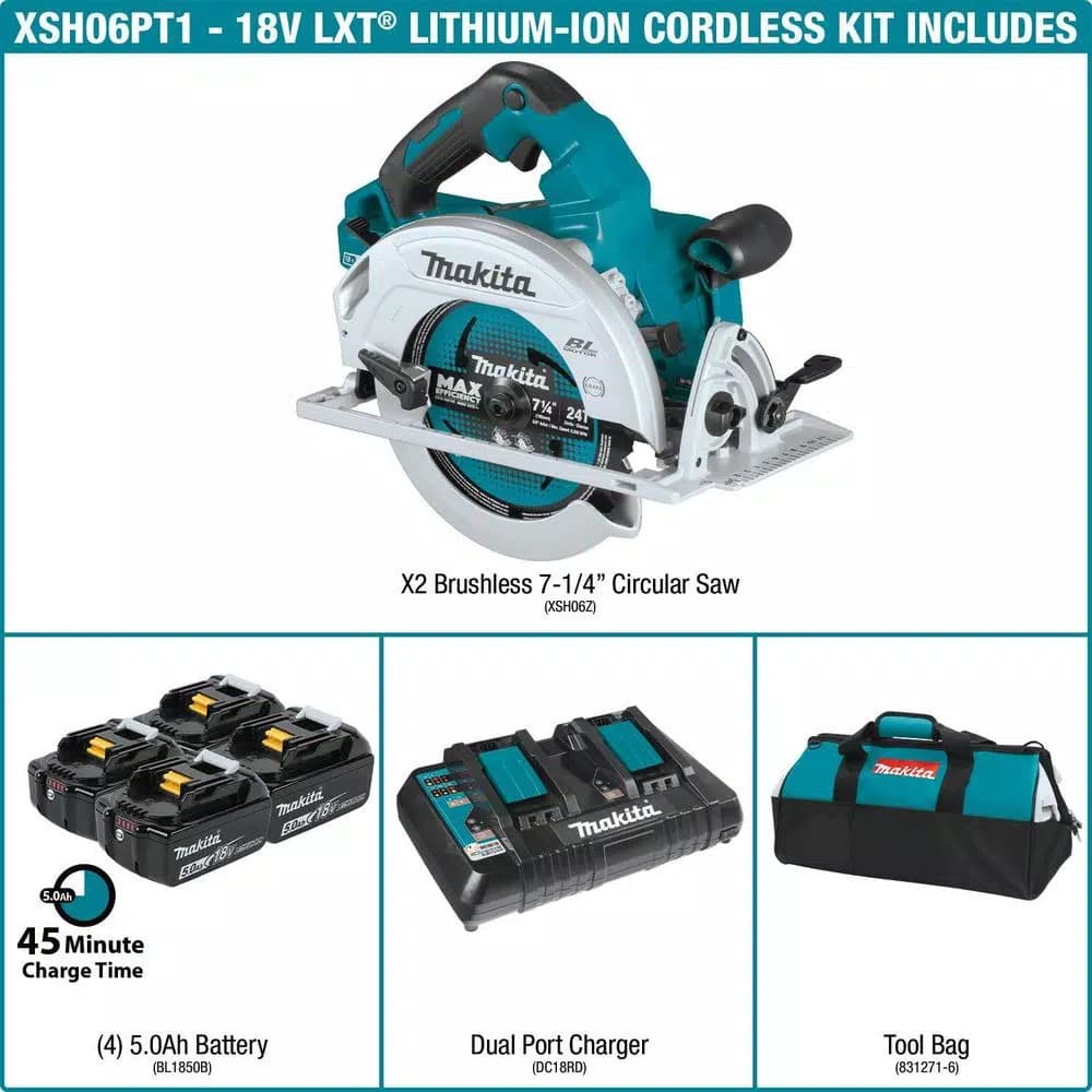 Makita 18V X2 LXT Brushless 7-1/4" Circular Saw Kit with 4 5.0Ah Batteries and Charger