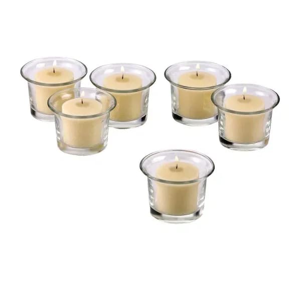 Light In The Dark Clear Glass Lip Votive Candle Holders with Ivory Paraffin Candles, Set of 12