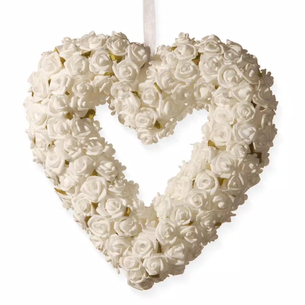 National Tree Company 9.5 in. White Rose Heart Wreath - Handcrafted Fabric Flower Decoration