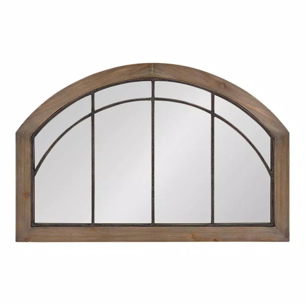 Kate and Laurel Haldron Rustic Brown Wood Arch Mirror with Iron Fretwork, 36 x 24 in.