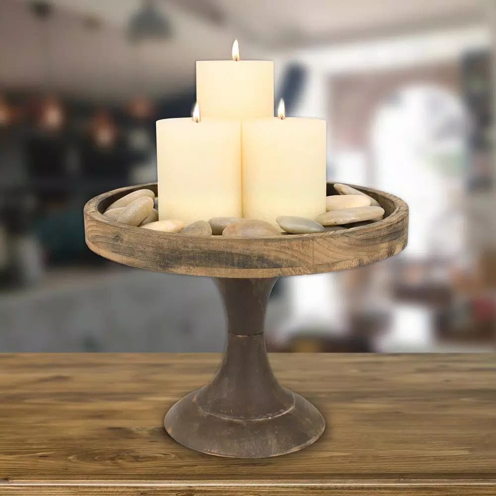 Stonebriar Collection 9 in. Rustic Wooden Pedestal Tray - Farmhouse Style Candle Holder & Centerpiece
