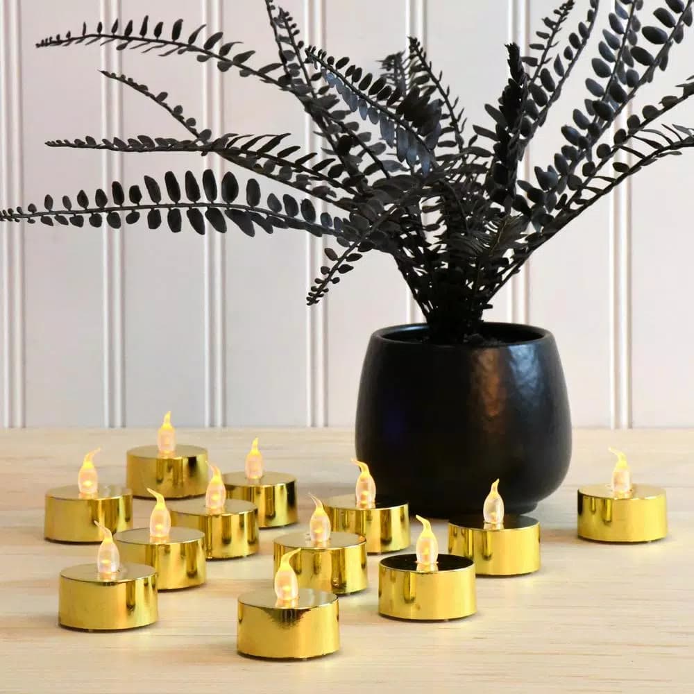 LUMABASE Gold Plated LED Tea Light Candles, 12-Count Battery Operated Flickering Amber Glow