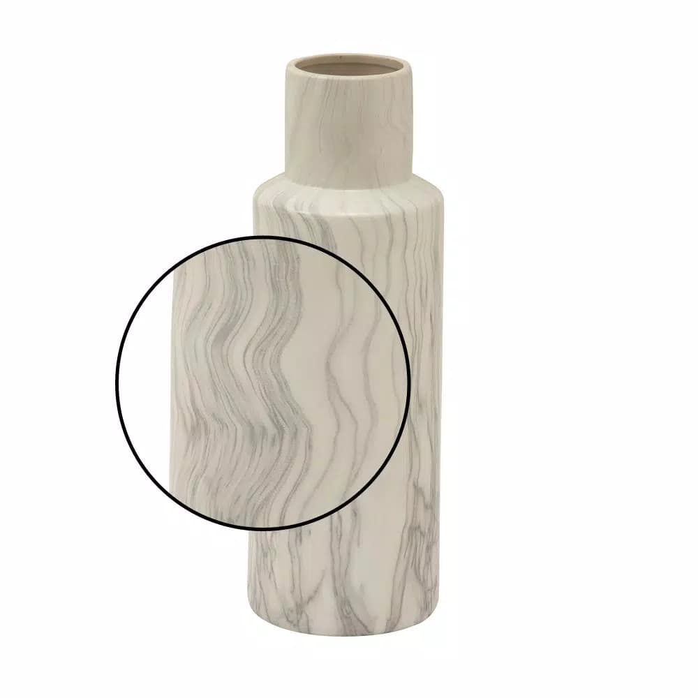 LITTON LANE 21 in. Classic Marble Cylinder White Ceramic Decorative Vase with Gray Veining