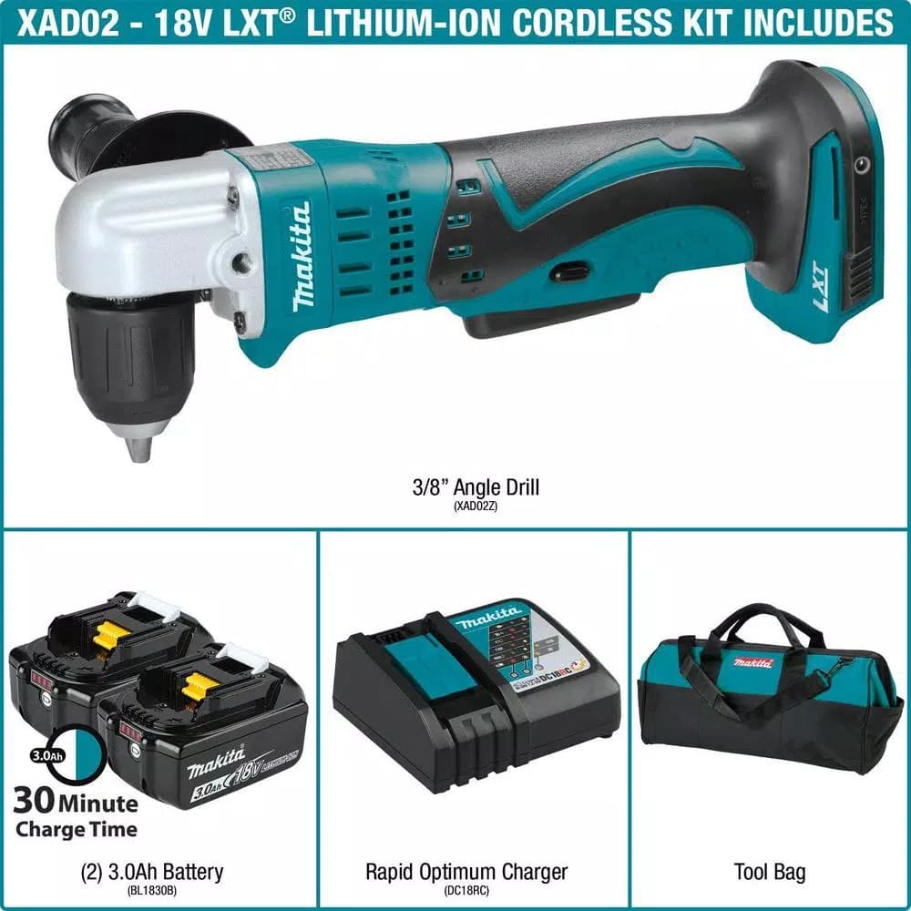 Makita 18V LXT Cordless 3/8 in. Right Angle Drill Kit with (2) 3.0Ah Batteries, Charger, and Tool Bag