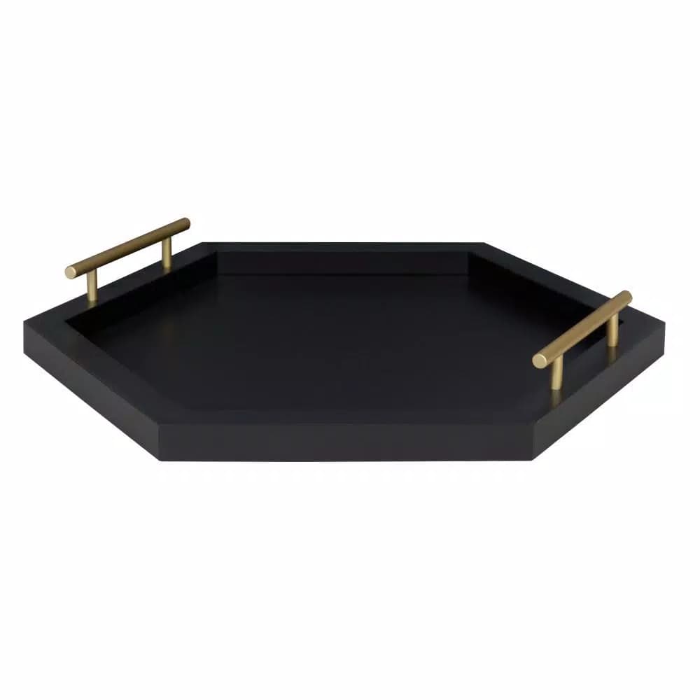 Kate and Laurel Halsey Black Hexagon Decorative Wooden Tray with Gold Metal Handles