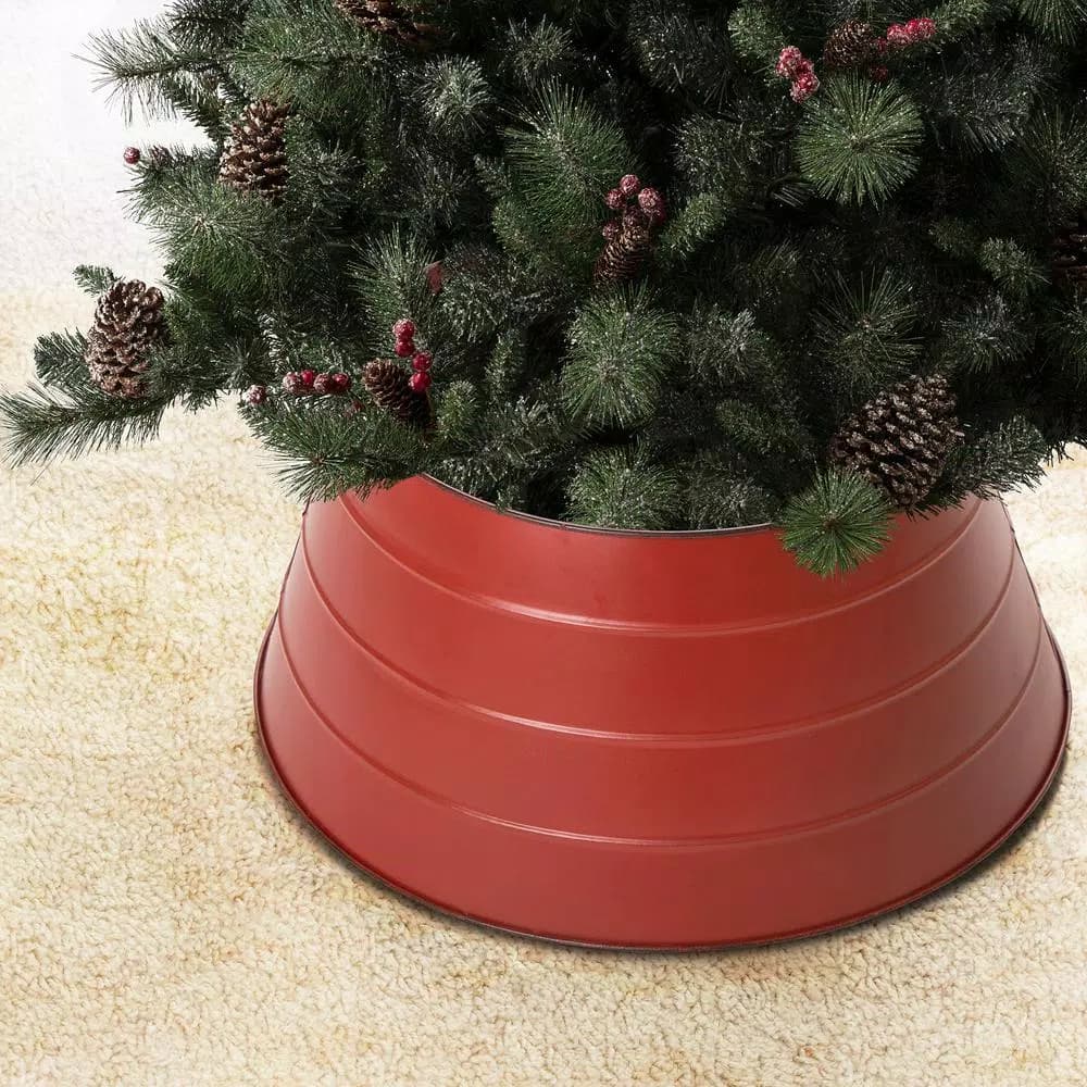 Glitzhome 22 in. Red Painted Metal Christmas Tree Collar - Rustic Holiday Decor